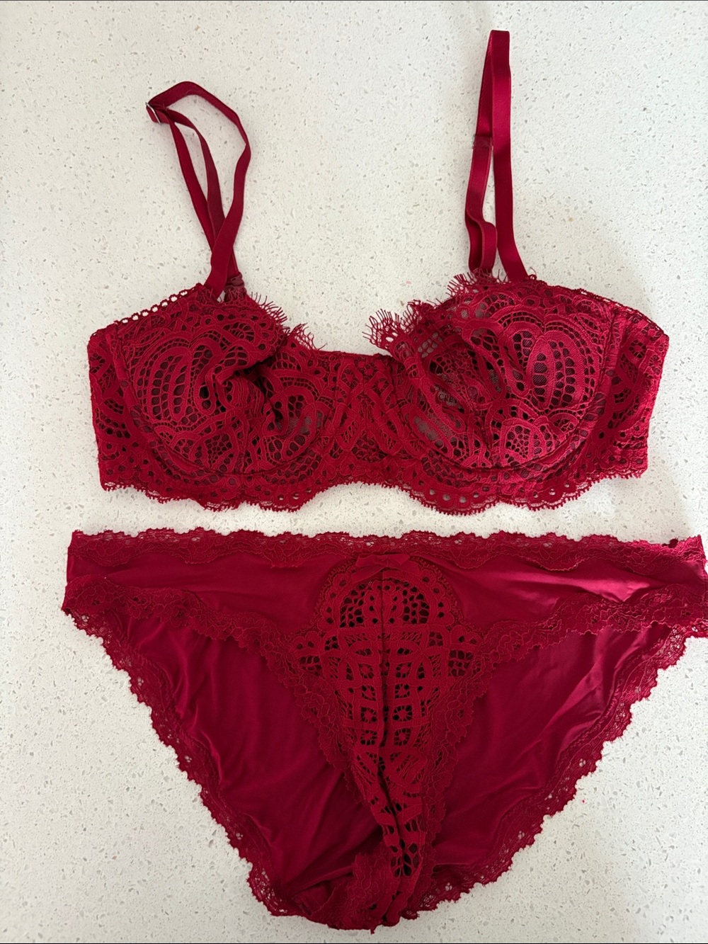Victoria's Secret Red Lace unlined Balconette Bra and cheekini set